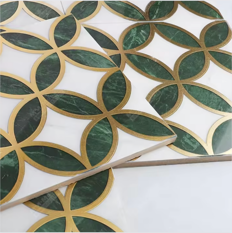 Blooming Treasure Emerald Green & Brass Porcelain Tile 7.87"x 7.87"
