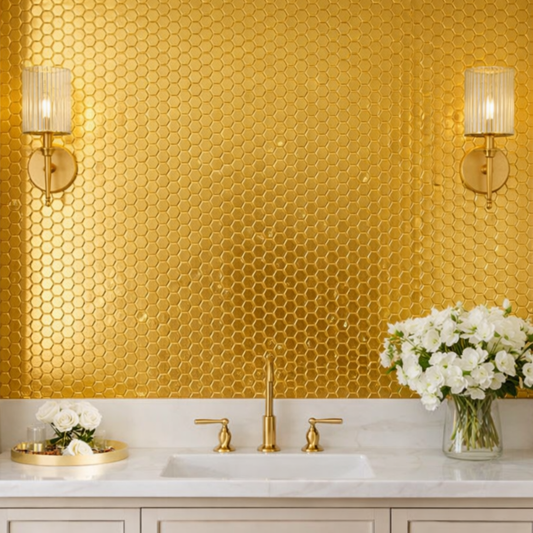 SAMPLE Gilded Celira Gold Hexagon Glass Tile 1" x 1" Mosaic