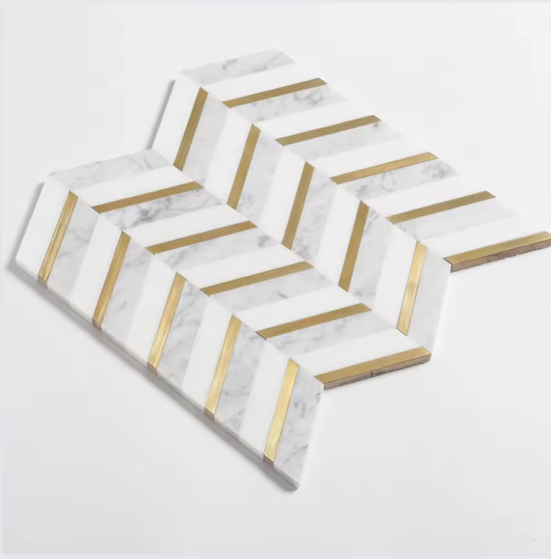 Chevron Majesty Marble & Brass Mosaic Tile 12"x12"